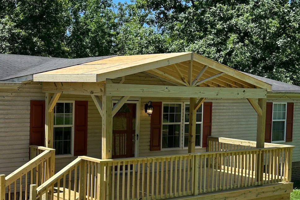 Custom covered front porch with gable roof Hickory NC — The Foothills Deck Company