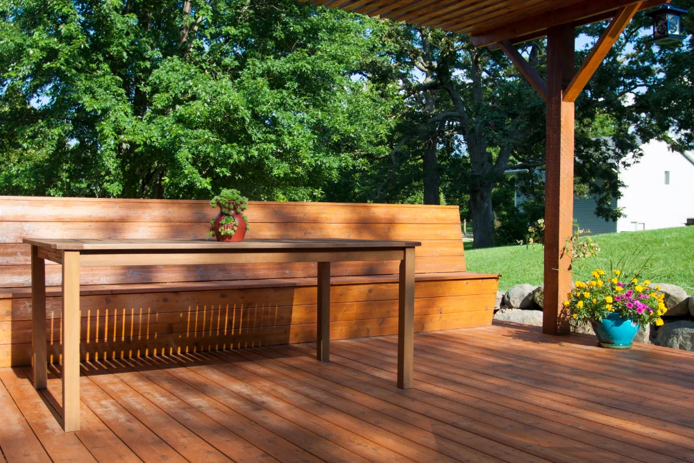 Custom wood deck with cattle fence railing design NC Foothills — The Foothills Deck Company